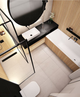 Stylowa łazienka z imitacją drewna na ścianie