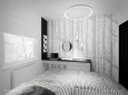 Sypialnia z czarno-białą grafiką drzew na ścianie