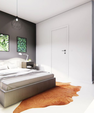 Szaro-biała sypialnia z łóżkiem z zagłówkiem