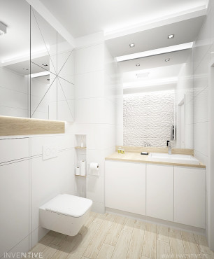 Biała, nowoczesna łazienka ze ścianą 3d