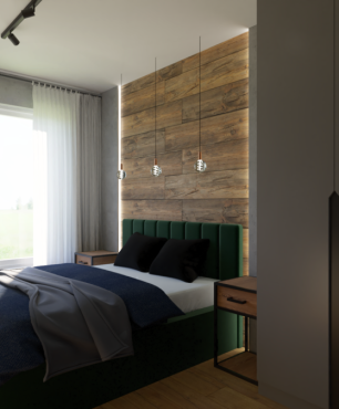 Sypialnia z zielonym łóżkiem