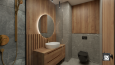 Stylowa łazienka z drewnem i szarym marmurem