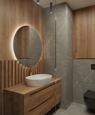 Stylowa łazienka z drewnem i szarym marmurem