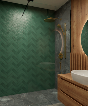 Designerska łazienka z zieloną ścianą