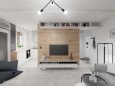Salon ze ścianą z drewna i telewizorem