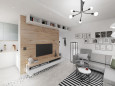Loftowy salon z drewnianą ścianą