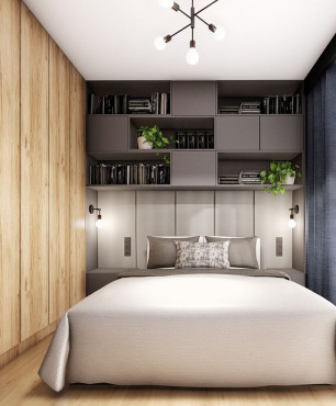 Projekt sypialni z dużą drewnianą szafą w stylu loft