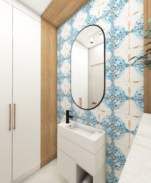 Łazienka w stylu nowoczesnym z białymi płytkami ze wzorem