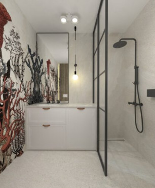 Mała łazienka z grafiką wodorostów na ścianie