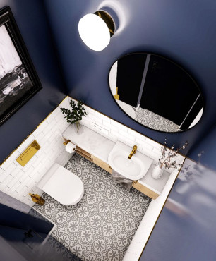 Projekt  łazienki z biało-czarnymi płytkami na podłodze