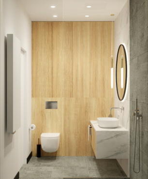 Łazienka z drewnem i betonem