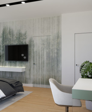 Sypialnia ze ścianą z tapetą w motywy roślinne