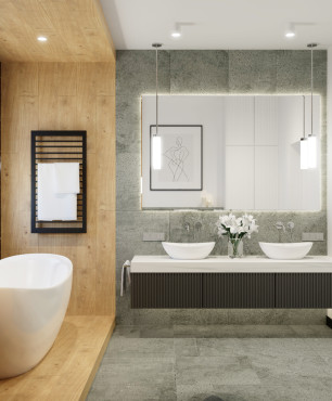 Designerska łazienka w stylu scandi z wolnostojącą wanną