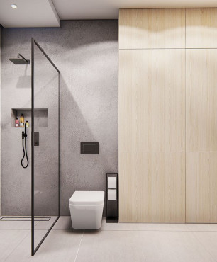 Aranżacja przestrzennej łazienki z prysznicem walk - in