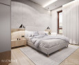 Sypialnia z drewnianymi elementami na ścianie