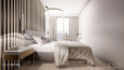 Sypialnia z jasnymi panelami i okrągłą lampą wiszącą