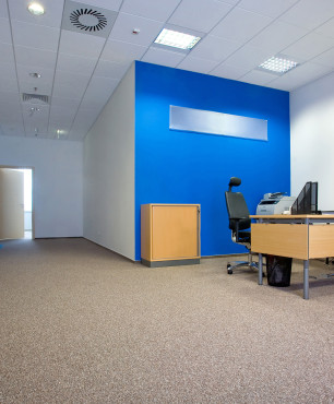 Biuro z niebieską ścianą