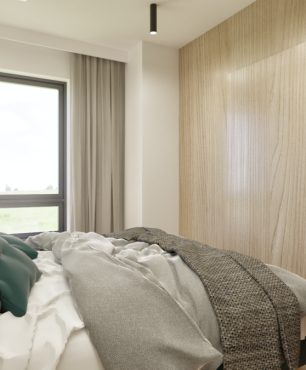 Projekt sypialni z drewnianą ścianą i łóżkiem kontynentalnym