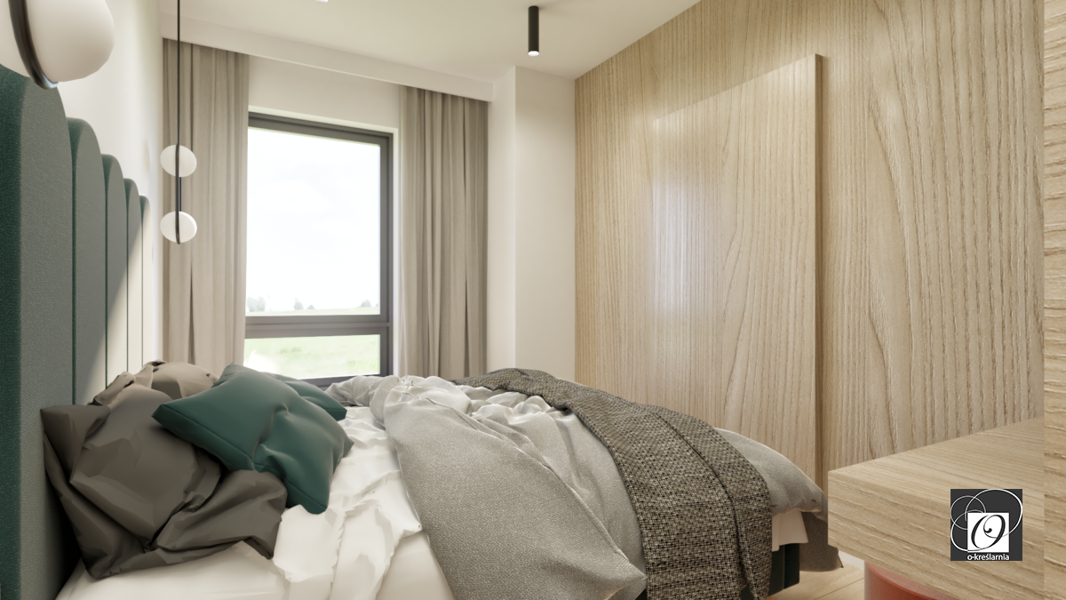 Projekt sypialni z drewnianą ścianą i łóżkiem kontynentalnym
