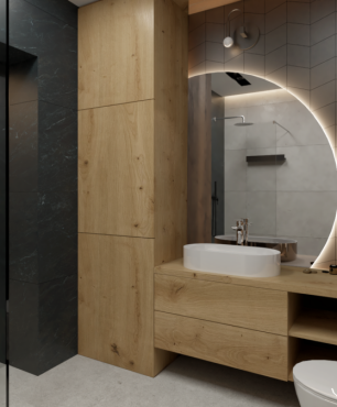 Modna aranżacja łazienki z drewnianym słupkiem