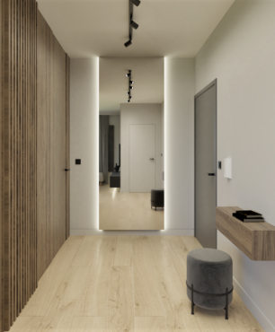 Aranżacja korytarza z drewnianą szafą