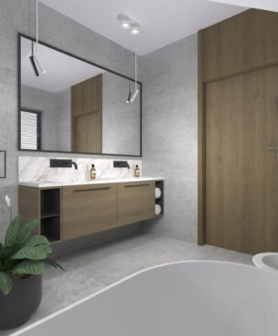 Aranżacja łazienki z dużym prostokątnym lustrem