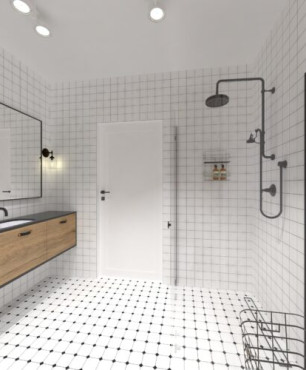 Aranżacja łazienki z białymi płytkami i prysznicem walk-in
