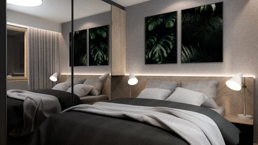 Aranżacja sypialni z drewnianym elementem nad łóżkiem kontynentalnym