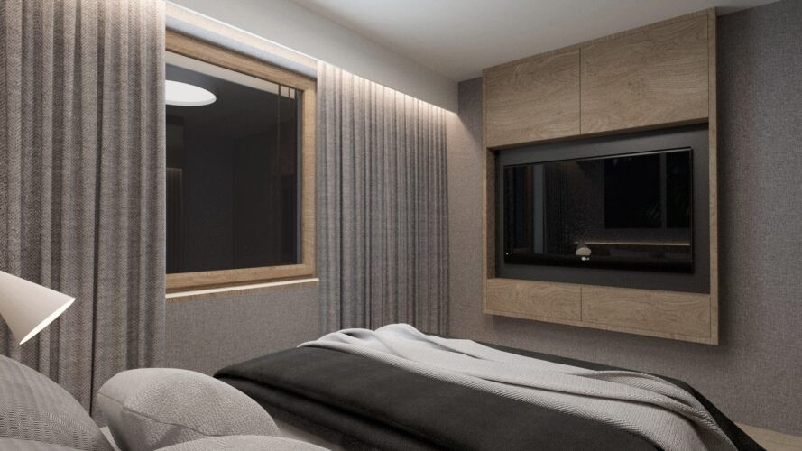 Sypialnia z telewizorem schowanym w szafce zamontowanej na ścianie