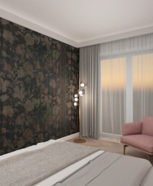 Sypialnia z ciemną tapetą w kwiaty na ścianie i modna lampa stojącą