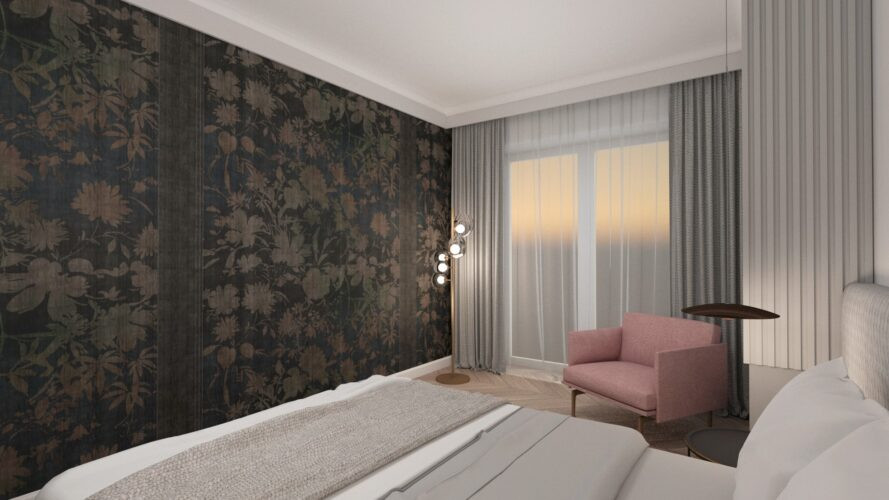 Sypialnia z ciemną tapetą w kwiaty na ścianie i modna lampa stojącą
