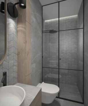 Łazienka w stylu loft z prysznicem i muszlą wiszącą