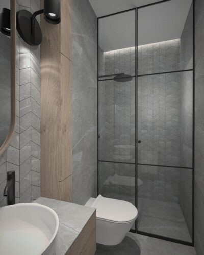 Łazienka w stylu loft z prysznicem i muszlą wiszącą
