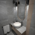 Aranżacja szarej łazienki z białym okrągłym zlewem