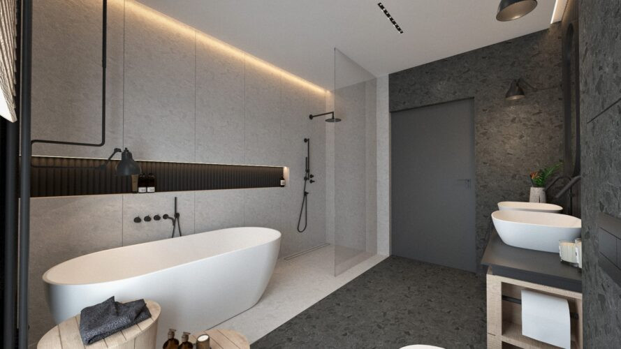 Łazienka z wanną owalną i prysznicem typu walk-in