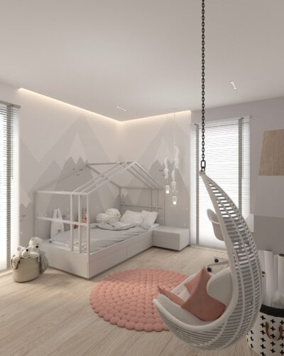 Pokój dziewczynki z łóżkiem domek i huśtawką przymontowana do sufitu