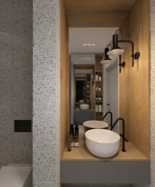 Mała łazienka z tynkiem mozaikowym na ścianie
