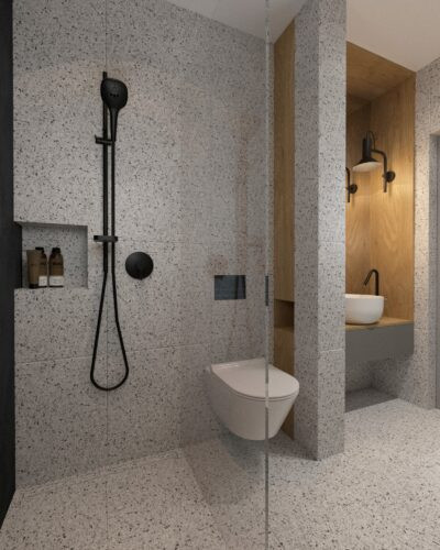 Łazienka z tynkiem mozaikowym i prysznicem typu walk-in