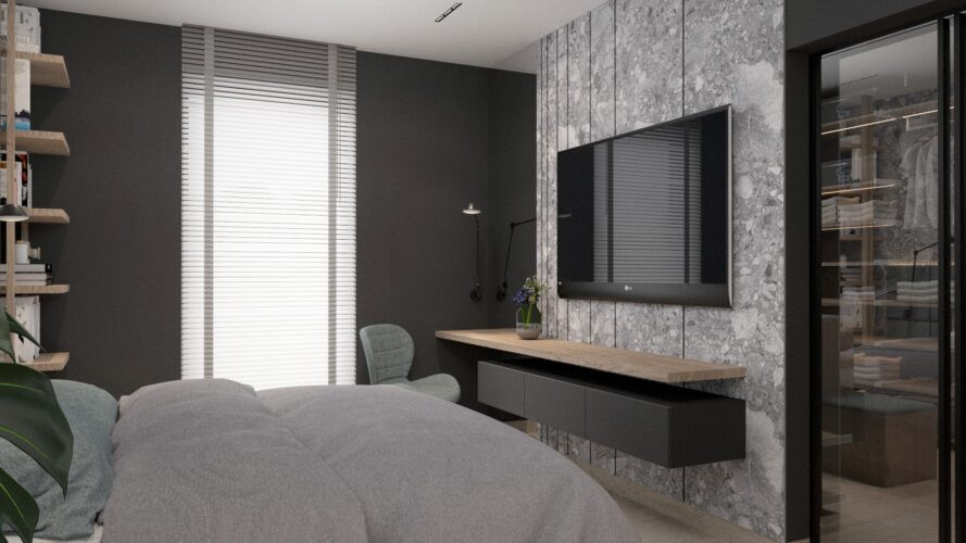 Sypialnia z meblami i telewizorem na ścianie