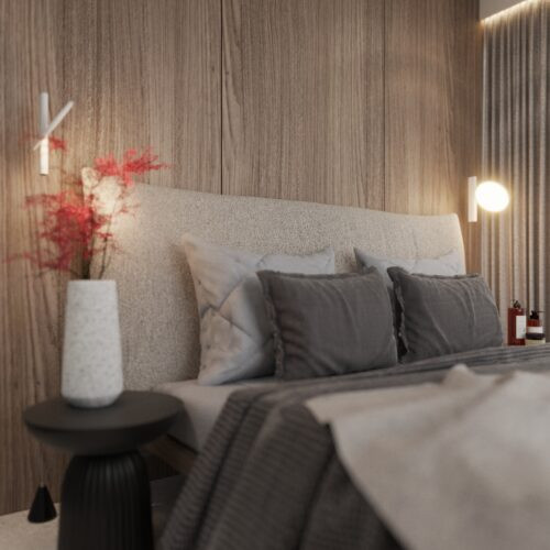 Sypialnia z drewnianymi panelami na ścianie