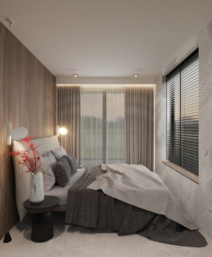 Mała, wąska sypialnia z drewnianymi panelami na ścianie