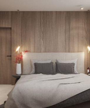 Sypialnia w drewnie z łóżkiem kontynentalnym