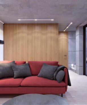 Salon z czerwoną sofą i szarymi poduszkami