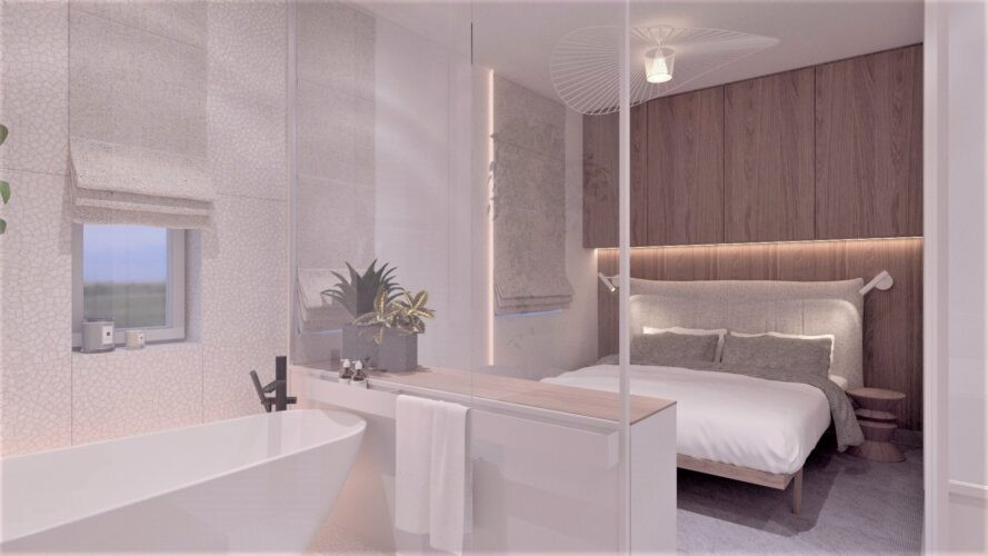 Sypialnia z łazienką w szklanym akwarium