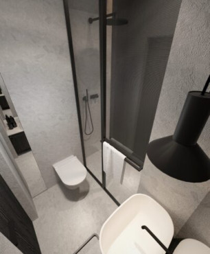 Mała łazienka z prysznicem, muszlą wiszącą i czarną lampą wiszącą