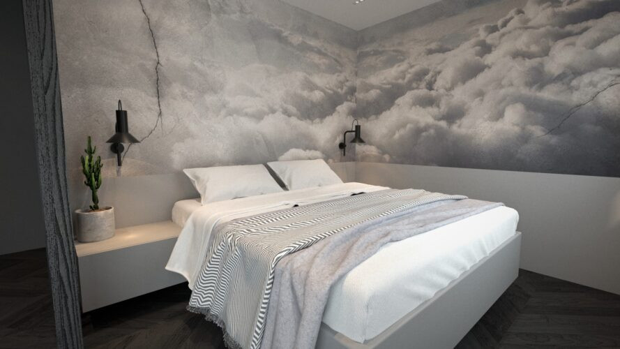 Sypialnia z tapetą na ścianie i łóżkiem kontynentalnym