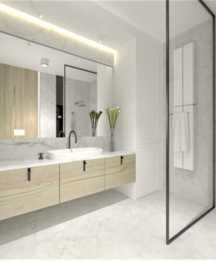 Łazienka z prysznicem typu walk-in i drewnianą szafką wisząca
