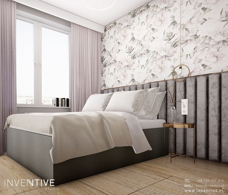 Sypialnia w stylu glamour z tapetą w kwiaty