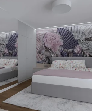 Sypialnia z szarym łóżkiem tapicerowanym kontynentalnym