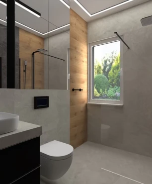 Łazienka z szarymi płytkami i z płytkami z imitacją drewna pod prysznicem